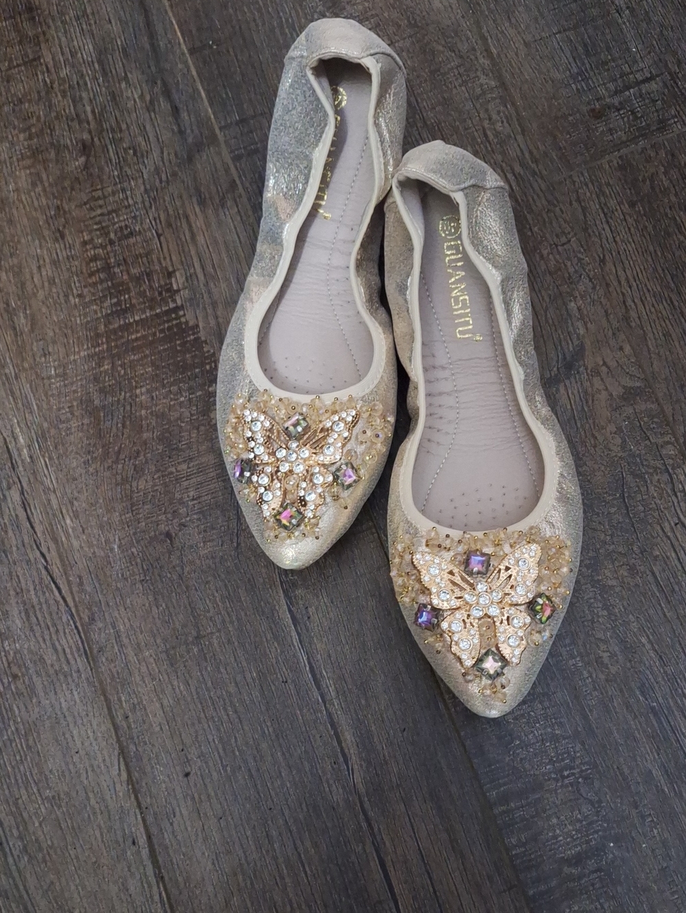 Embellished Gold Pointed Ballet Flats by